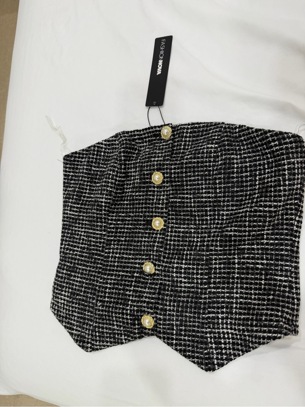 Fashion Nova Black and White Tweed Strapless Crop Top with Gold Buttons